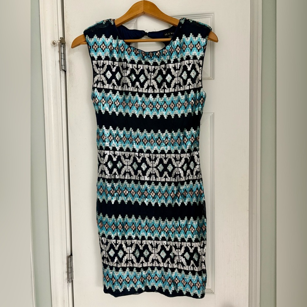 As U Wish Geometric Mini Dress - Navy, Sky Blue, White